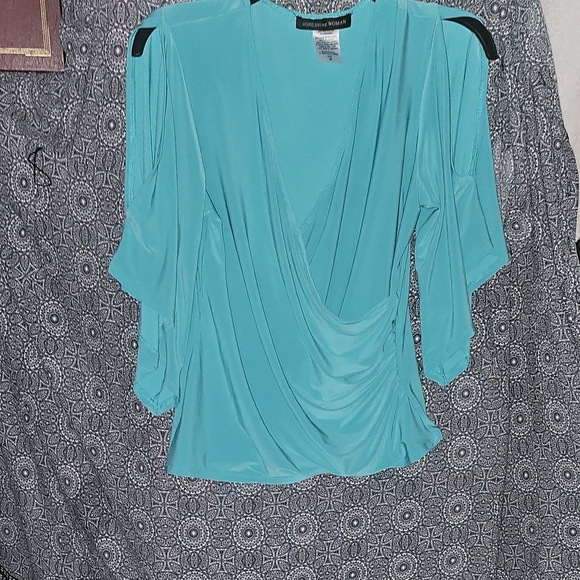 EUC Addressing Woman Teal Draped Faux Wrap Blouse W/cut Out Sleeves - Picture 1 of 4